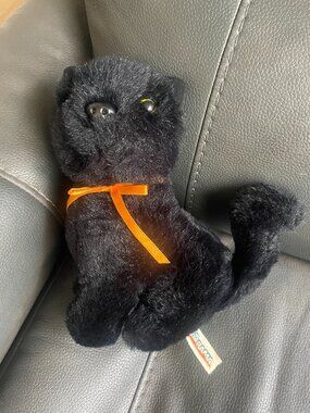Toy-O-Rama Halloween Fall Black Cat Plush Green Eyes Orange Ribbon 9”
